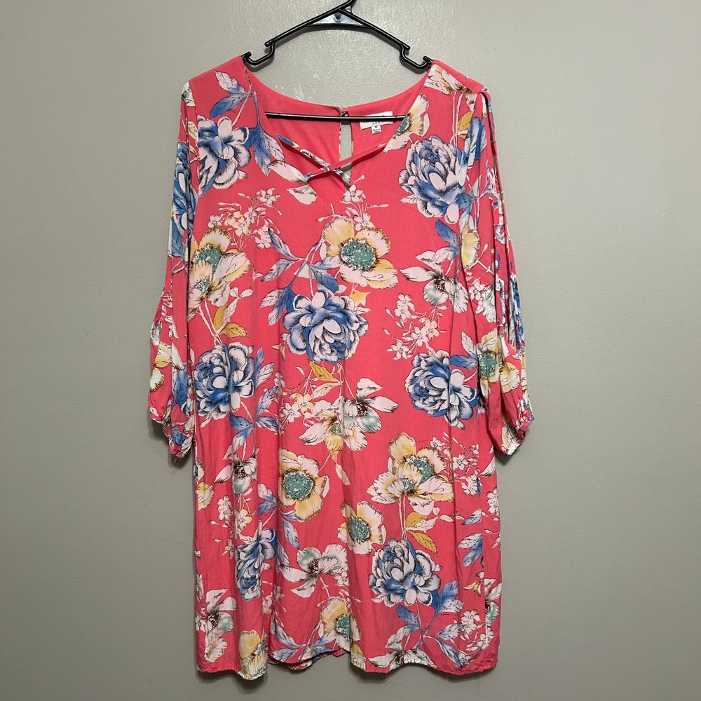 Umgee Coral Floral Tunic Dress with Blue and Yellow Blooms